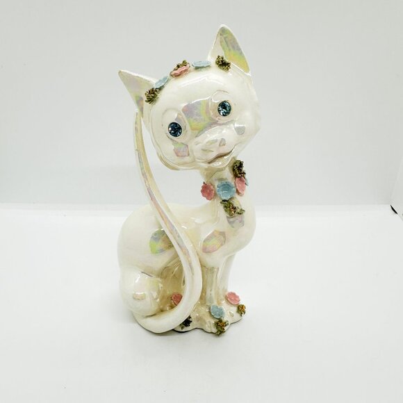 Vintage Lefton Luster Iridescent Cat Floral Flower Crown Pastel Rhinestone *FLAW - Picture 1 of 8